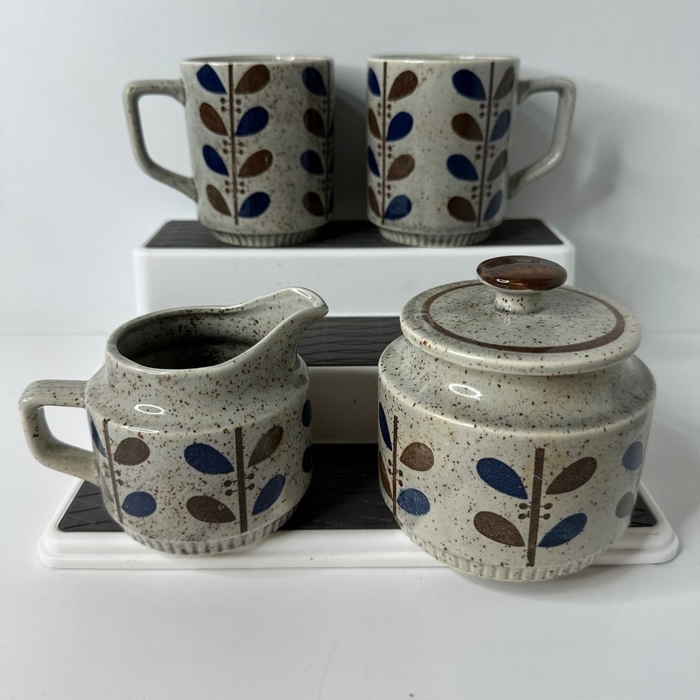 Vintage Japan Speckled Stoneware Coffee Set 2 Mugs Creamer Sugar Bowl Leaf MCM